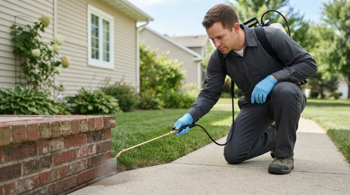 Pest control technician treating a home near Hartstown, PA