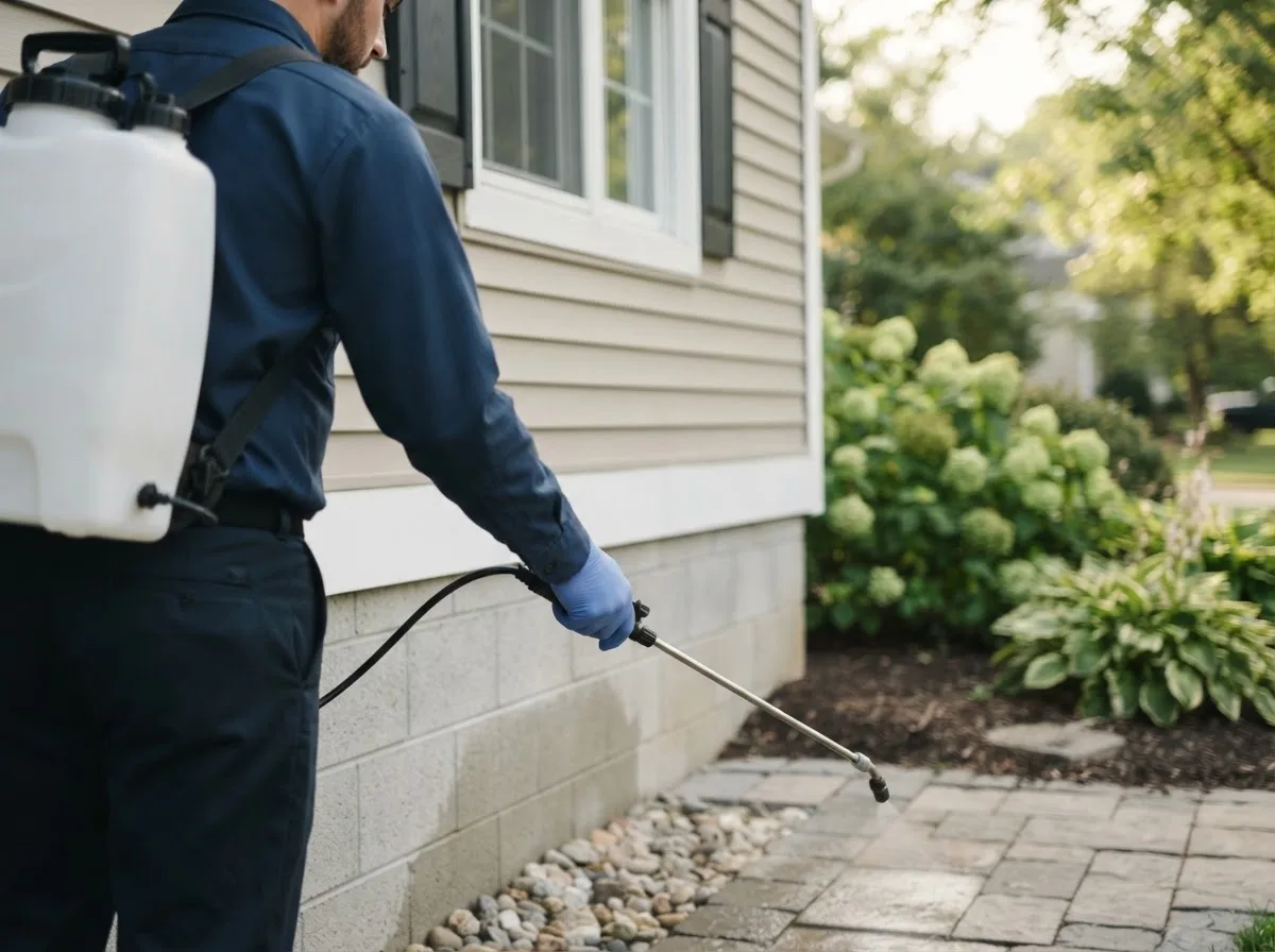 Pest control technician inspecting a home in Hartstown, PA